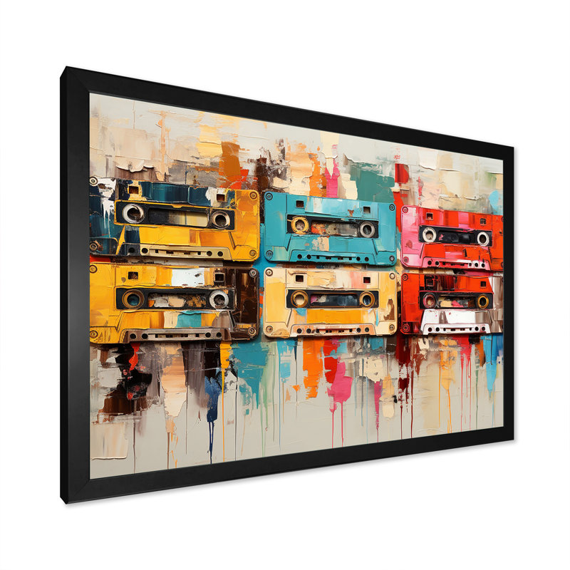 Popart Cassette Tapes Nostalgy I sur impression sur toile, H 24 po x l 32 po x P 1 po, Cadre simple noir