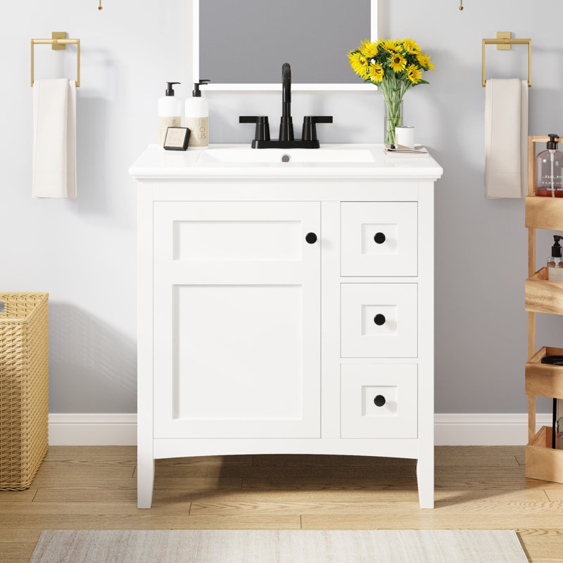 Meuble-lavabo de salle de bain avec lavabo en céramique 30 po - Armoire en bois massif blanc 3 tiroirs et quincaillerie fonctionnelle Esthétique moderne