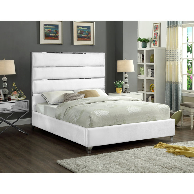 Dietz Upholstered Platform Bed, Full, White Velvet