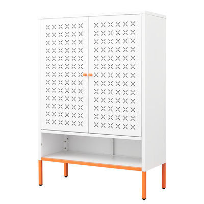 Armoire à chaussures Grid avec deux portes, 15 cm de conception résistante, trois compartiments réglables, métal thermolaqué pour les espaces de vie, unité de support de porte double à porte blanche, pied haut, tablettes, moderne