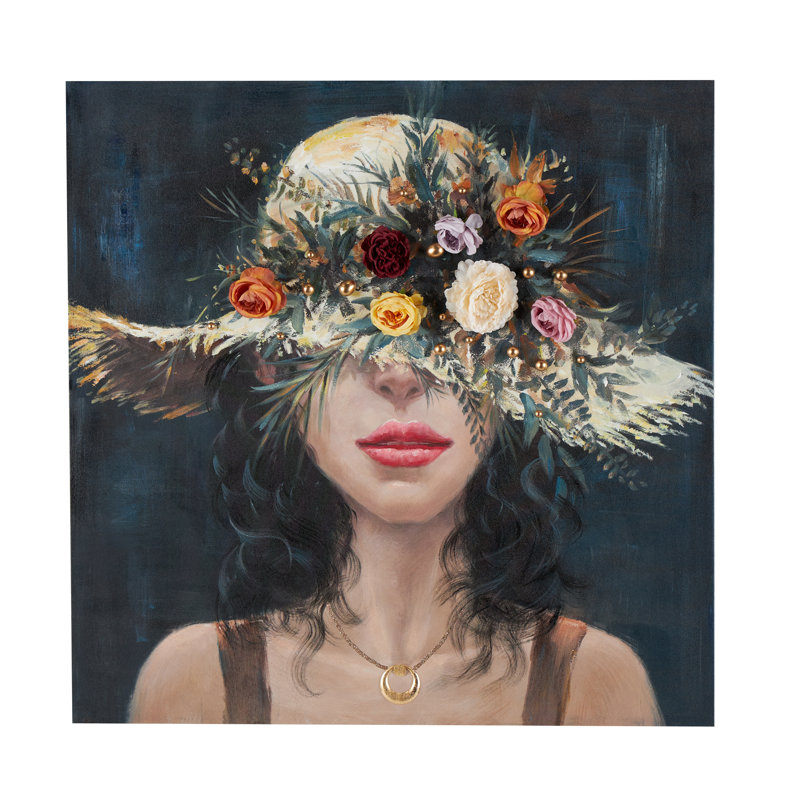 Cole et femme sur toile grise avec fleurs 3D multicolores et bijoux dorés