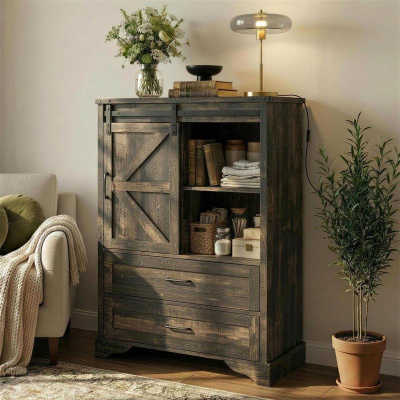 Commode de rangement à 5 tiroirs 47 "avec porte de grange et tablette Farmhouse, Brun