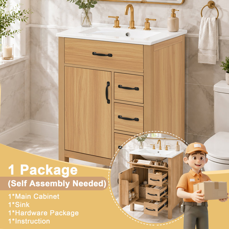 Meuble-lavabo de 24 po avec lavabo en céramique, armoire de rangement traditionnelle moderne avec tiroir rabattable, 3 tiroirs et porte à fermeture en douceur, poignées noires