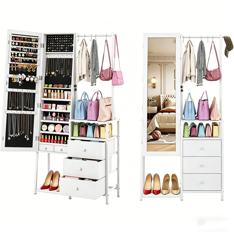 Armoire à bijoux avec 3 tiroirs Jakyitvi, armoire à bijoux avec tablettes pour sacs à main, armoire à bijoux avec porte-manteau pour vêtements, pleine longueur avec rangement pour femmes (blanc)
