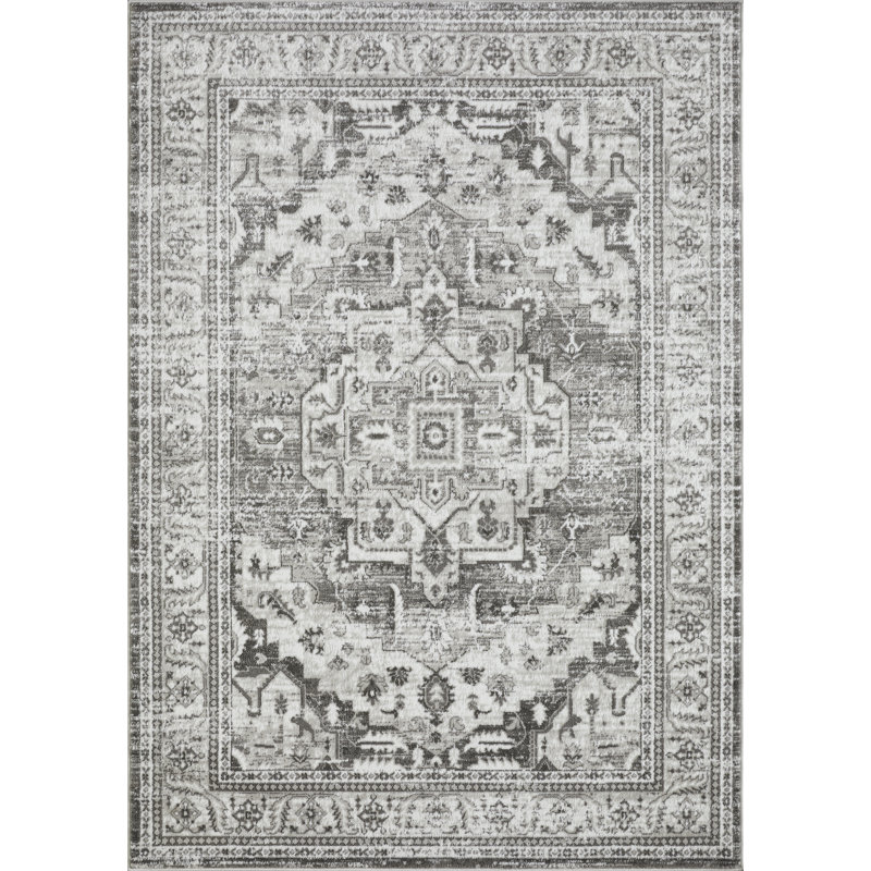 Tapis oriental gris en polypropylène tissé à la main Ragheb, Rectangle 2 pi x 3 pi
