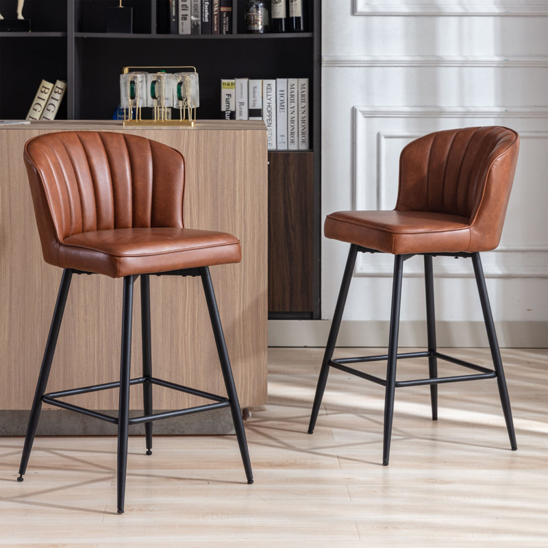 PU Leather Upholstered Bar Stools Metal Frame Counter Chairs with Shell Designed Backrest for Home Bar Restaurant, Brown