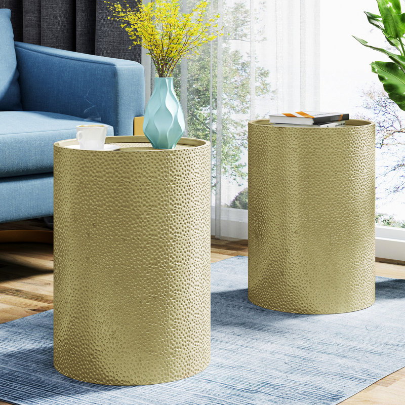 Paire de tables d'appoint contemporaines en métal - texture martelée, fer, surface brillante élégante 2, sans assemblage requis, ton