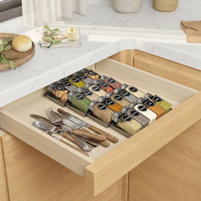 4-Tier Spice Drawer Organizer with Spice Jars and 386 Spice Labels, Seasoning Rack Tray Insert for Kitchen Drawer Storage