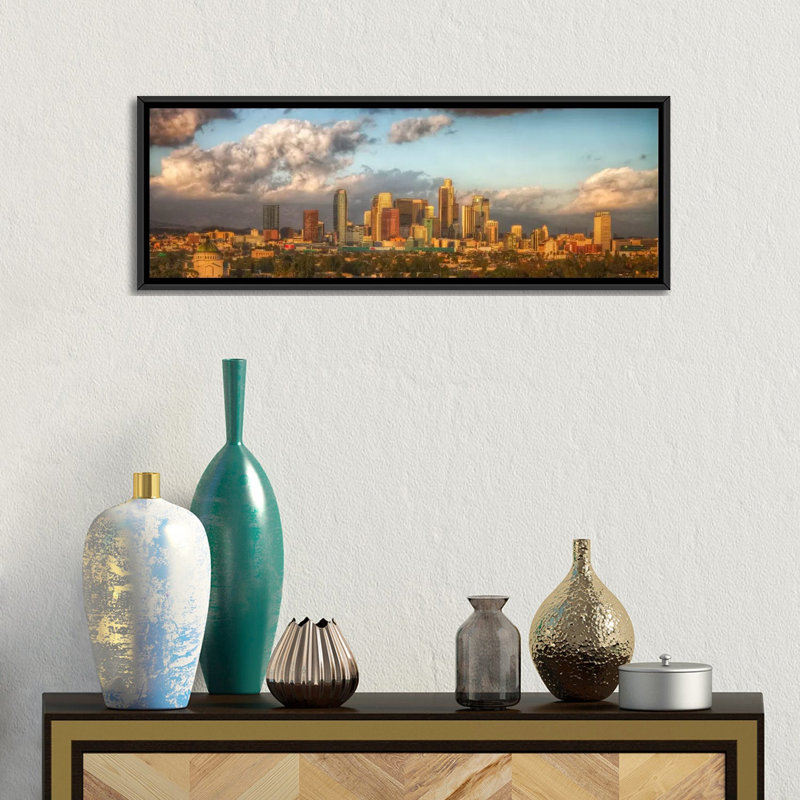 « los angeles horizon cityscape », reproduction de photo sur toile, H 12 po x l 36 po x P 1,5 po, Toile avec cadre noir