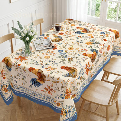 Nappe vintage de style campagnard français avec coq, décor de cuisine rustique à motifs floraux et botaniques et poules.