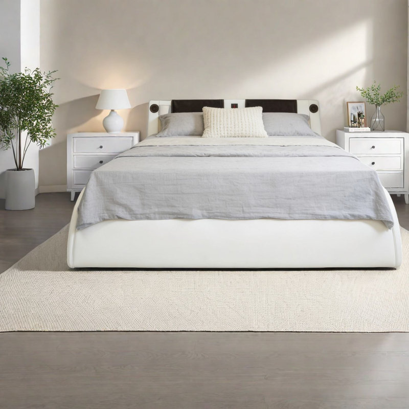 Lit plateforme très grand en cuir avec DEL, Bluetooth, massage