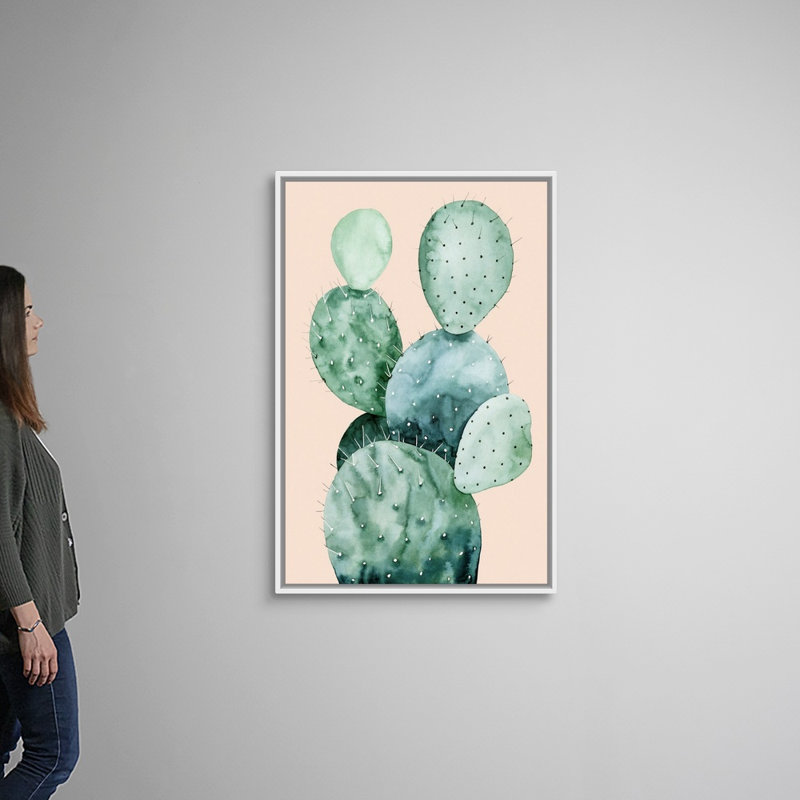 Cactus sur corail II - reproduction d'art sur toile, Cadre flottant blanc, H 49,7 po x l 33,7 po x P 1,75 po