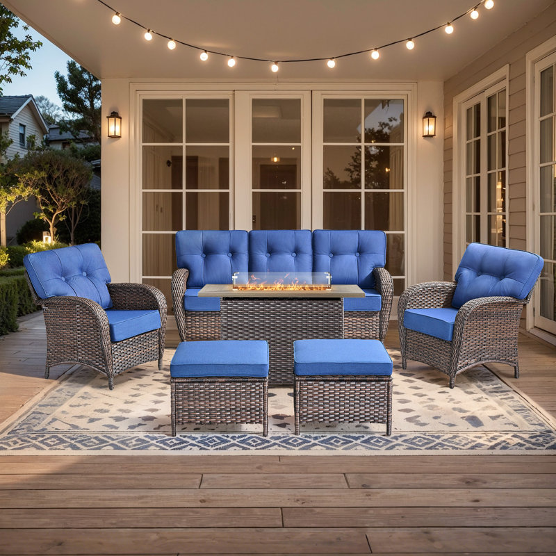 Teebeck 6-Piece Outdoor Wicker Patio Conversation Set With Rectangle Fire Pit Table And Lounge Chairs, Blue