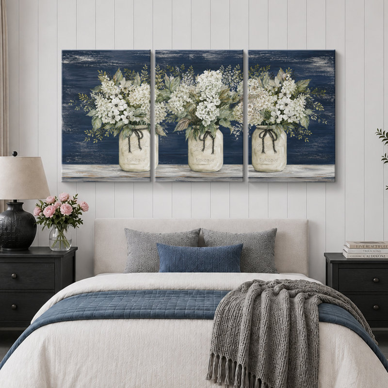 Œuvre de bouquet de pot Mason blanc, 36" H x 72" W x 1.5" D, Wrapped Canvas