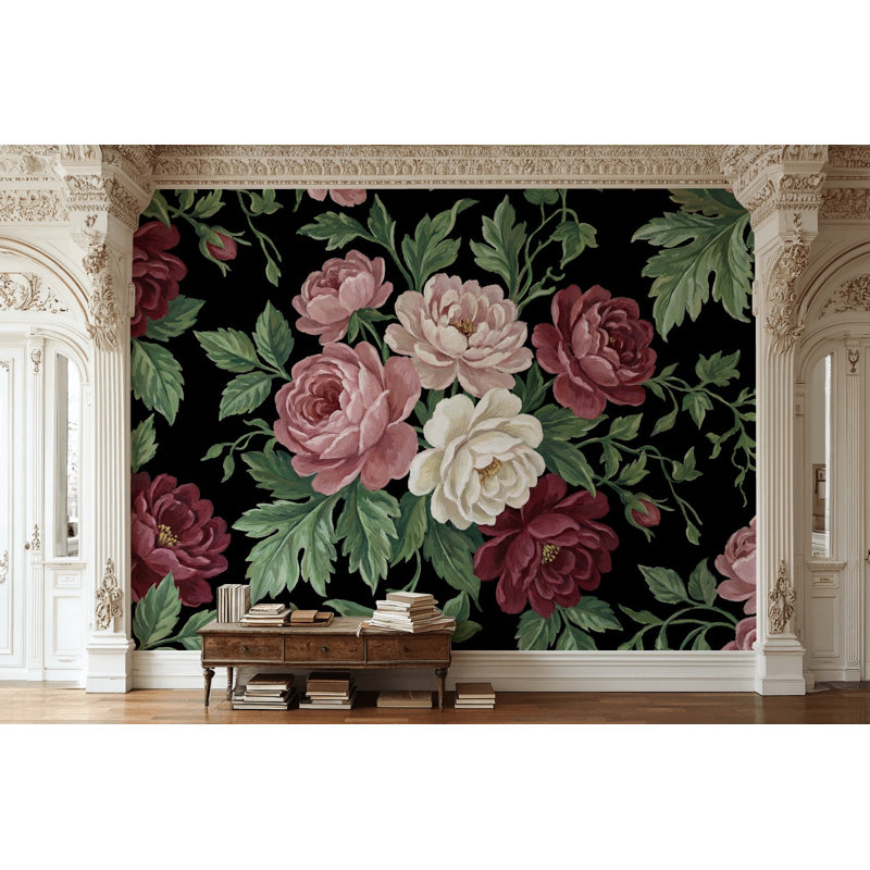 Papier peint vintage à motifs floraux, fresque murale noire unie., 180"x120", Peel and Stick