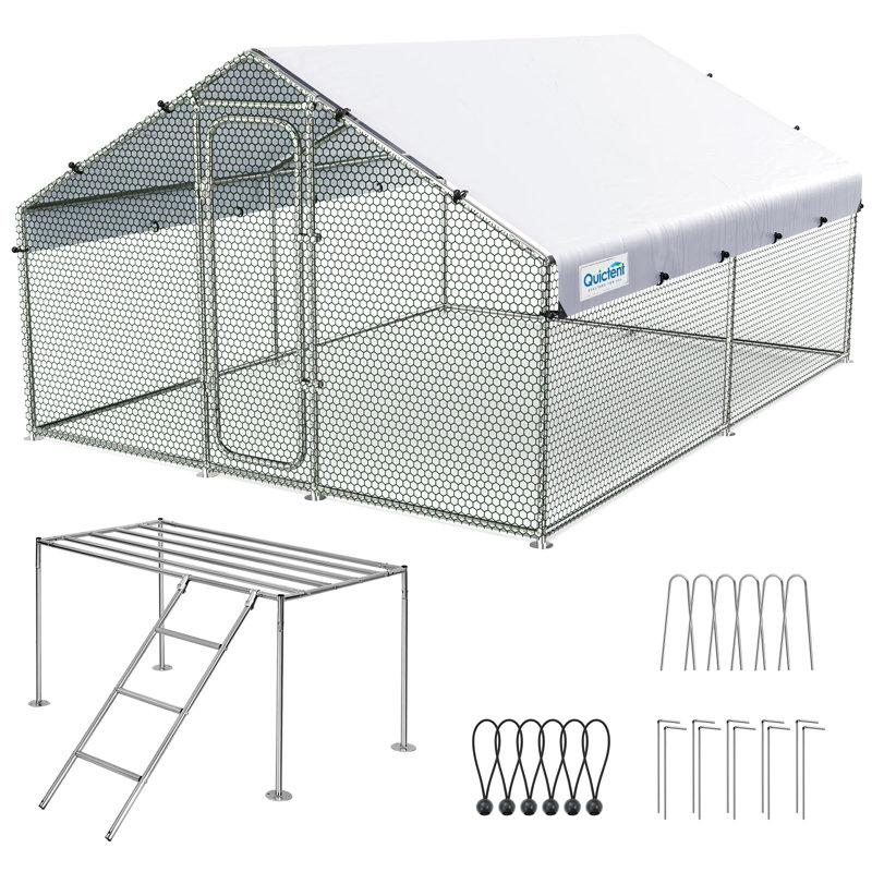  Grand poulailler en métal avec perchoir pour plus de 30 volailles avec grillage robuste et toit imperméable