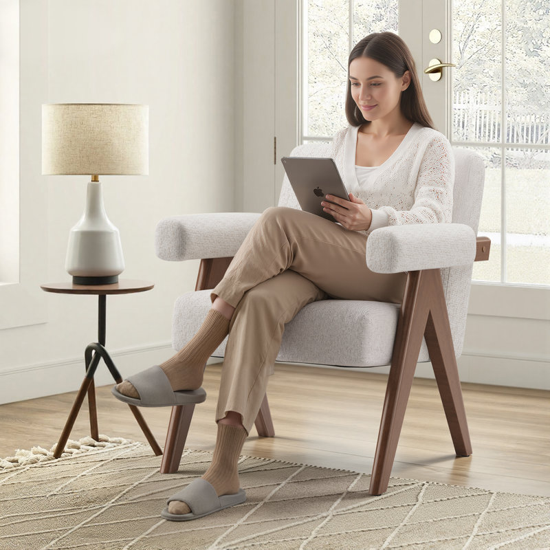 Modern Linen Upholstered Accent ArmChair with Solid Wood Legs and Padded Armrests, Beige