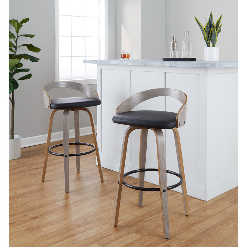 Laurenzio Fixed-Height Bar & Counter Stools with Bent Wood Legs & Round Footrest (Set of 2), Black Faux Leather