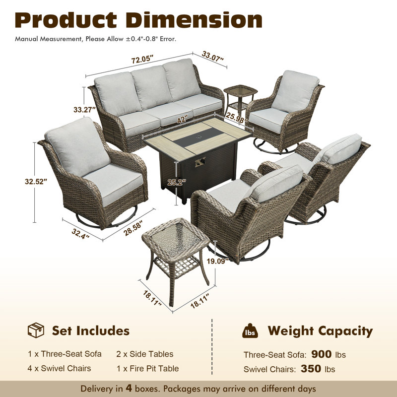Cracraft 8-Piece All-Weather Wicker Patio Furniture Set With 42” Fire Pit Table, Deep Seating Sofa & Swivel Rocker Chairs For Backyard, Patio & Poolside Evenings