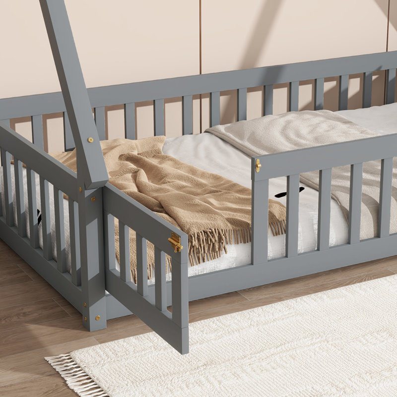 Twin Tent-shaped Floor Bed,Teepee Bed with Guardrails,Slats and Door,Grey, Gray, Twin