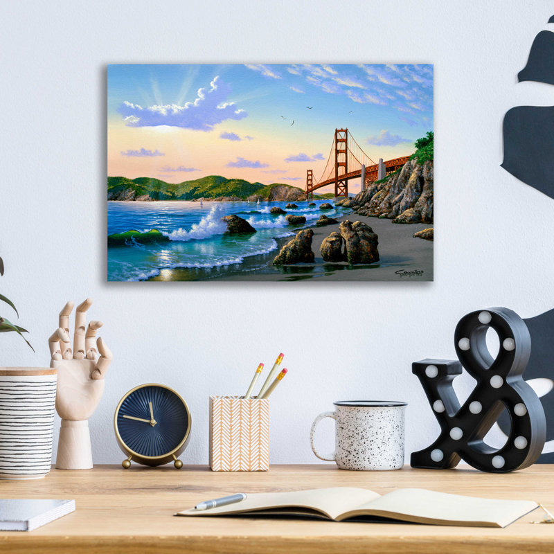 «Golden Gate Sunset, CA 2» par Eduardo Camoes, art en verre acrylique Wal, H 12 po x l 16 po x P 0,13 po