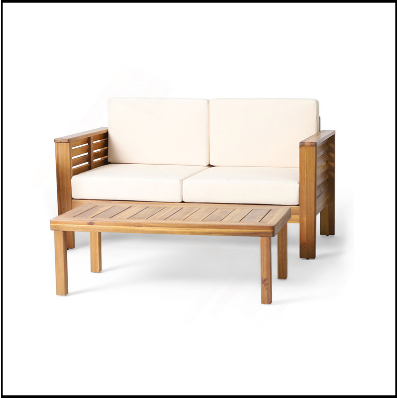 Ensemble de causeuse et table basse en bois d'acacia avec coussins, Blanc, Brun