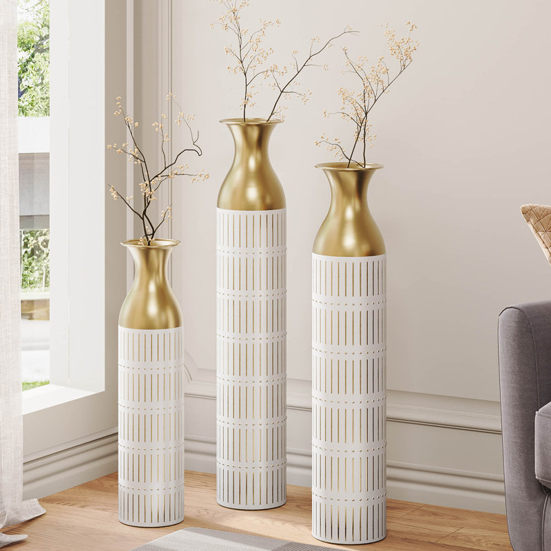 Medhansh White and Gold Floor Vase, Large Metal Floor Vase with Embossed Stripe Pattern, Antique White Finish (Set of 3)
