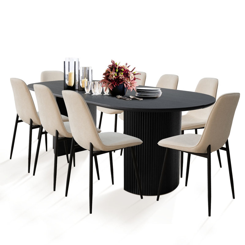 Quentin 8 - Person Dining Table Sets With 79" Oval Table & 8 Upholstered Chenille Chairs, Beige