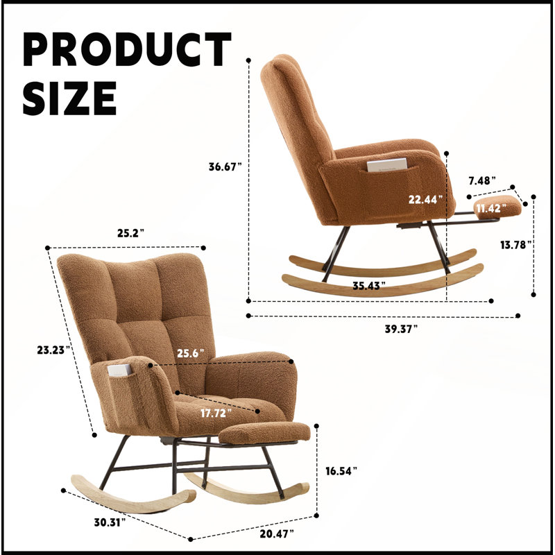 Ensemble chaise berçante à bascule en tissu Teddy avec repose-pieds et poche de rangement latérale, base en bois massif.