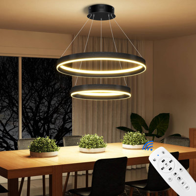 Lustre moderne noir mat à deux niveaux avec anneaux DEL, télécommande, variateur et éclairage réglable de 3000K à 6000K, idéal pour la salle à manger, le salon et l'îlot de cuisine.