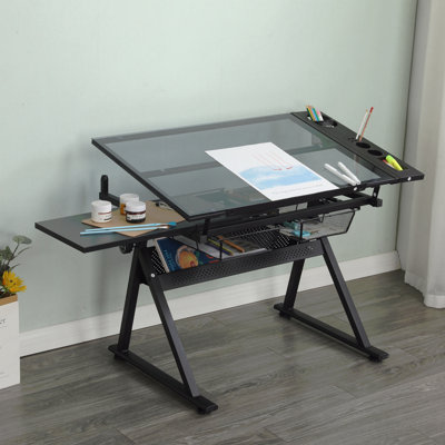 Drafting Table, 0-75° Adjustable Glass Top Artist Table  - Height Adjustable Drafting Desk With Large Storage For Painting & Crafting - Ideal For Designers And Art Students (Black)