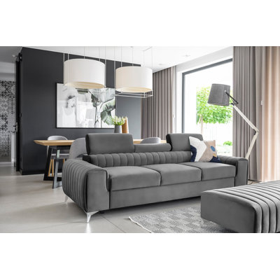Laurence 3-Seater Velvet Sleeper Sofa with Pull-Out Bed – Light Grey