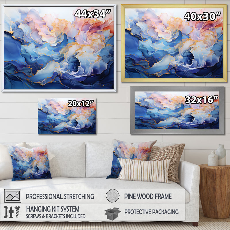 Rêve d'encre rose et bleue sur toile, Cadre doré simple, H 12 po x l 20 po x P 1 po