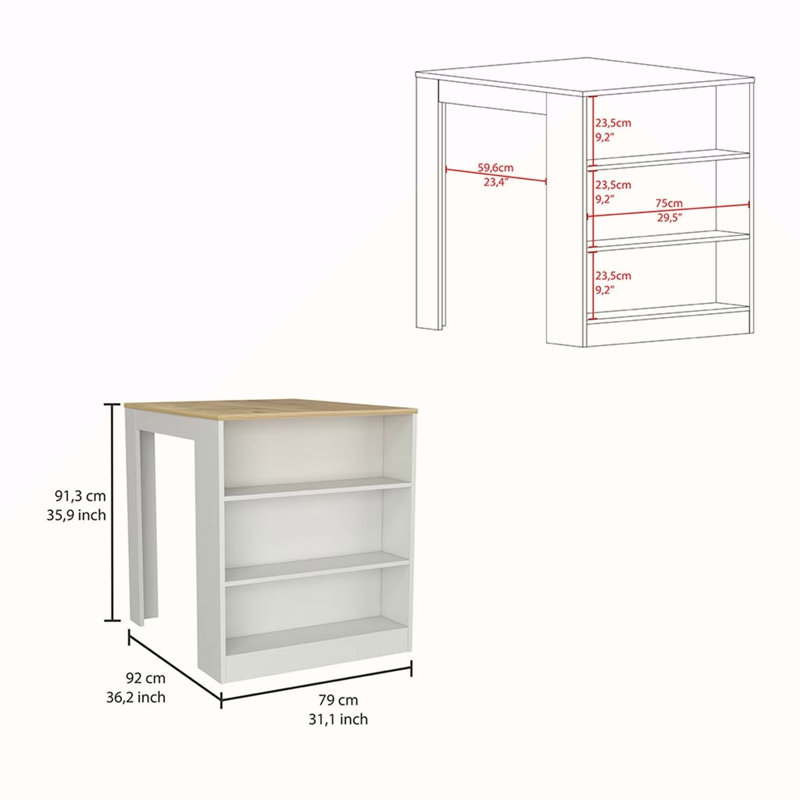 Kitchen Counter Dining Table ,Two Legs, Three Side Shelves