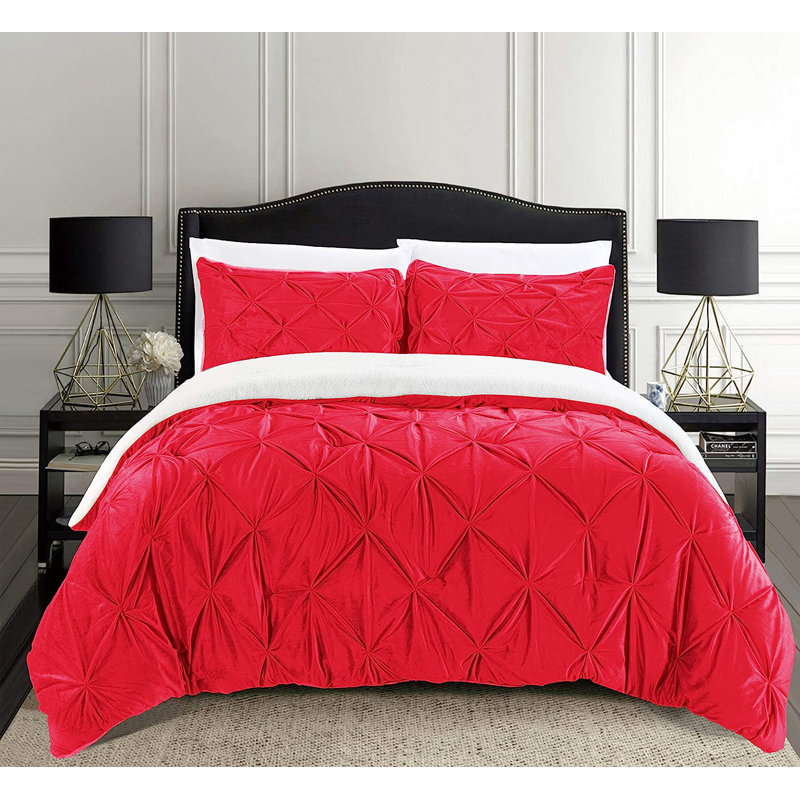 Ensemble d'édredon en microfibre 3 pièces Mocassi Pintuck Sherpa, Rouge, Édredon double + 2 taies décoratives standard