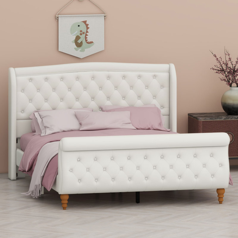 Base de lit plateforme avec support renforcé, tête de lit à oreilles et pied de lit-bateau, Grand lit, Beige