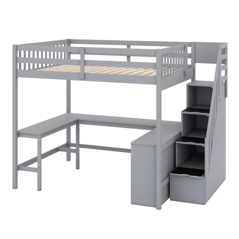 Lit mezzanine avec bureau en L, tablettes de rangement et escalier de rangement attaché, gris