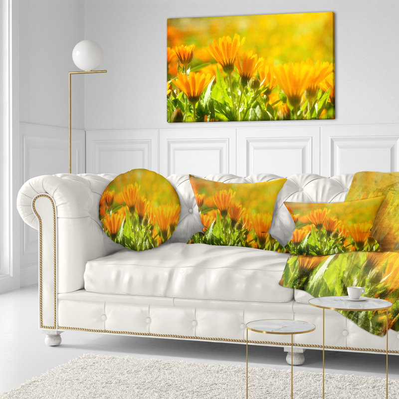 Orange Marigold Flowers in Sunlight - Floral Printed Throw Pillow