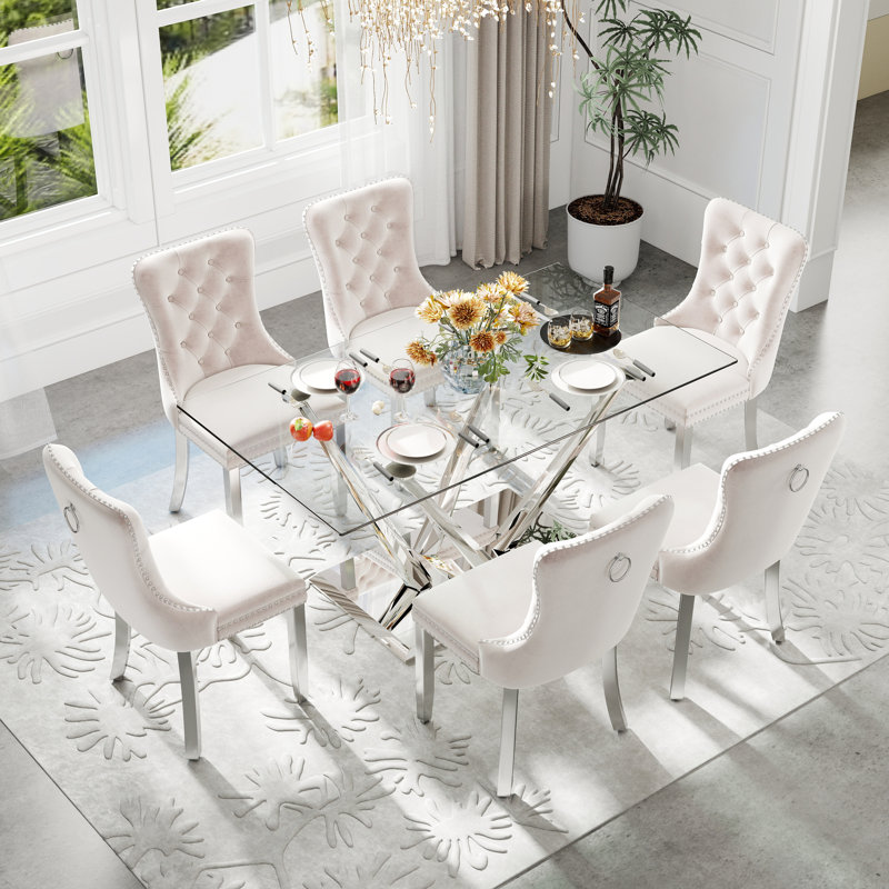 Modern Rectangle Tempered Glass Pedestal Dining Set with Velvet Tufted Dininig Chair, Beige, 7, Silver