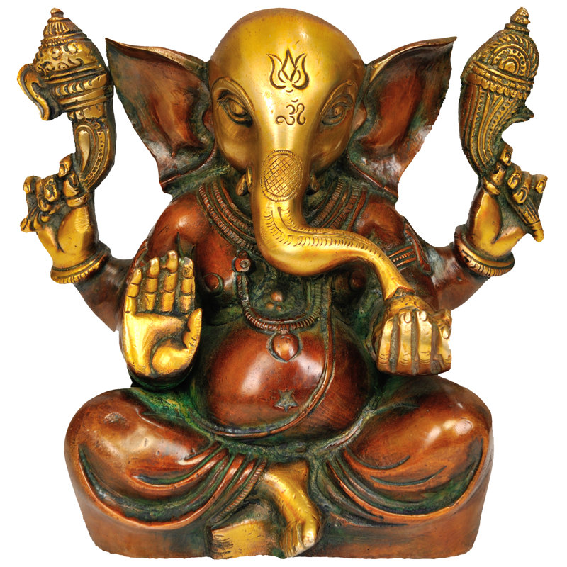 Ganesha avec grandes oreilles en laiton, Vert / or / cuivre