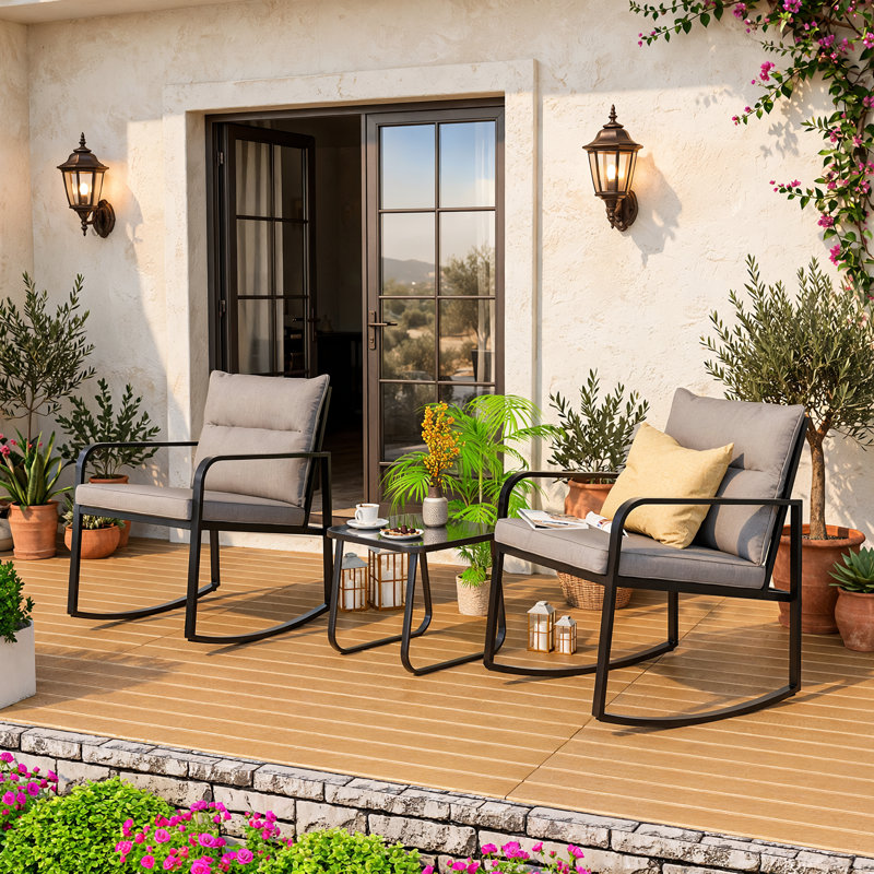 Ensemble de chaises berçantes d'extérieur pour 2 personnes avec coussins gris moelleux épais, chaises berçantes de patio moderne en métal noir avec plateau en verre