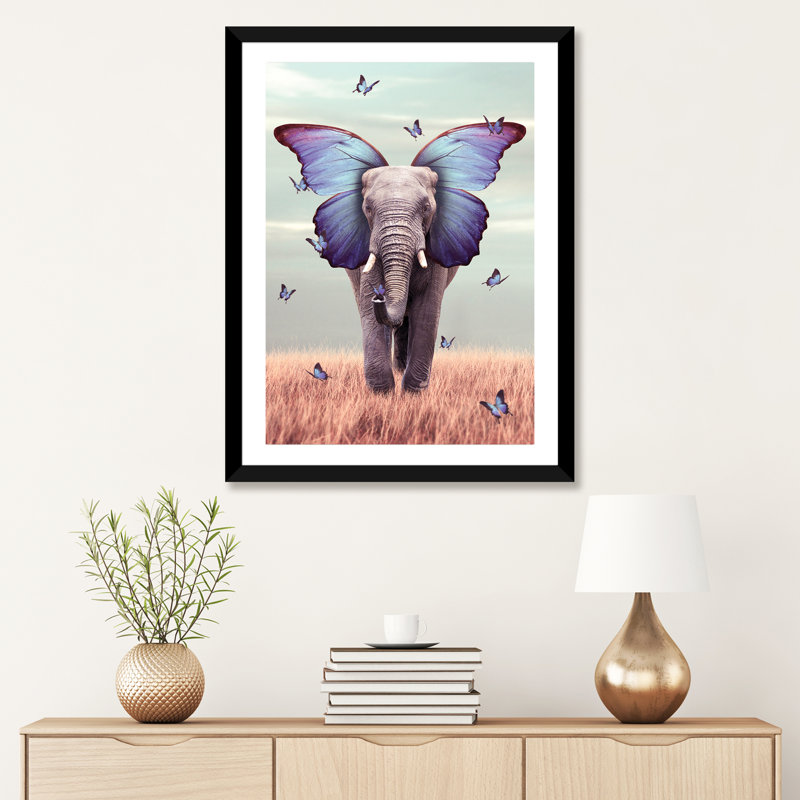 «Elephant Blue Morpho Lenity Mint» par Soaring Anchor Designs - impression d'art graphique, H 32 po x l 24 po x P 1 po, Blanc