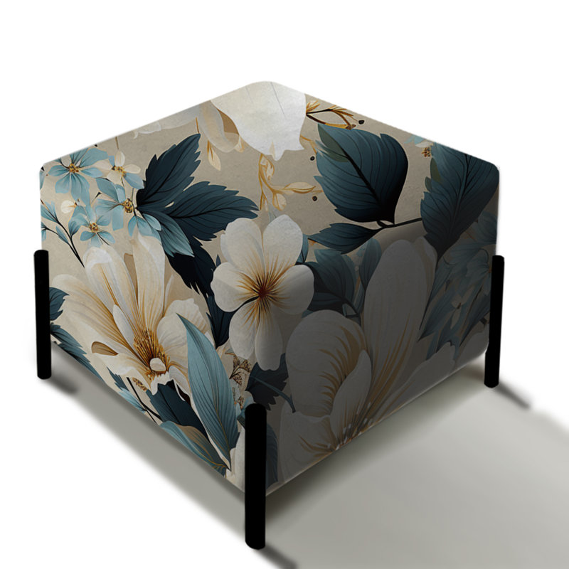 Repose-pieds carré beige floral et bleu hydrangea tranquillité II