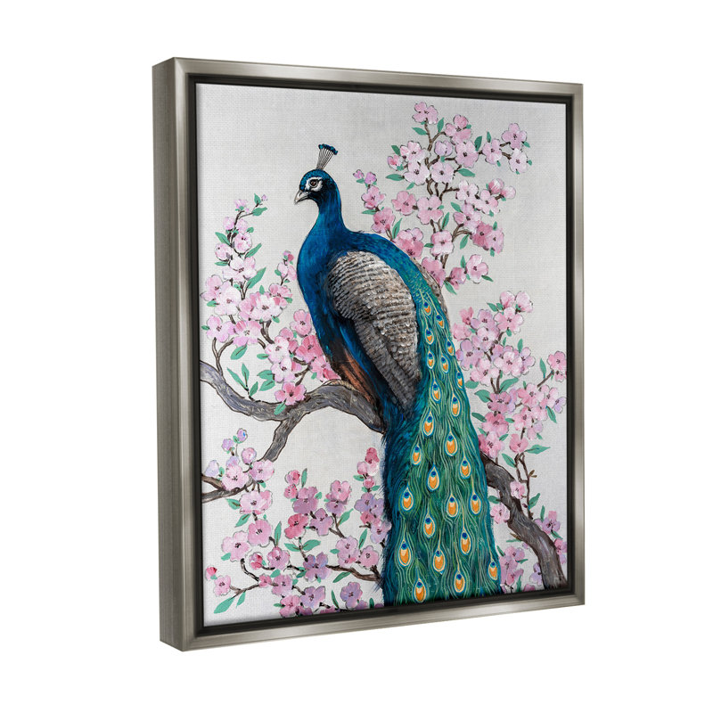 "Peacock And Cherry Blossoms" par Tim Ottoole sur toile, Cadre flottant gris lustré, H 21 po x l 17 po