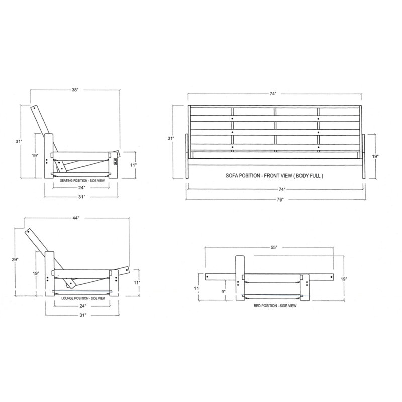 Structure de futon double de 76 po de large, matelas non inclus