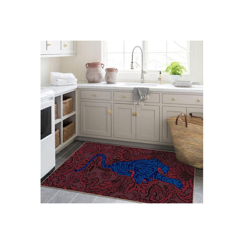Tapis décoratif moderne lavable à motif de tigre bleu bourgogne, Tapis de couloir 2 pi 6 po x 6 pi 7 po inclus