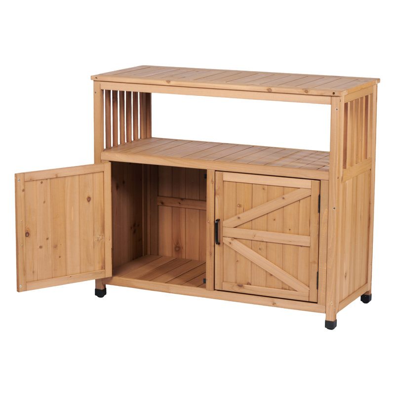 Table de patio et armoire de rangement, conception à lattes pour un style classique, usage extérieur intérieur, fabrication en bois de sapin, poids de 43,21 lb à l'intérieur avec rangement, look moderne, naturellement