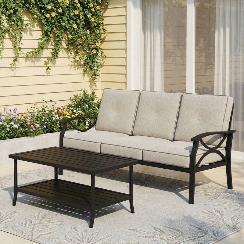 Ensemble de canapé d'extérieur 2 pièces avec structure en métal, coussins et table basse, Khaki Cushion/Black Frame