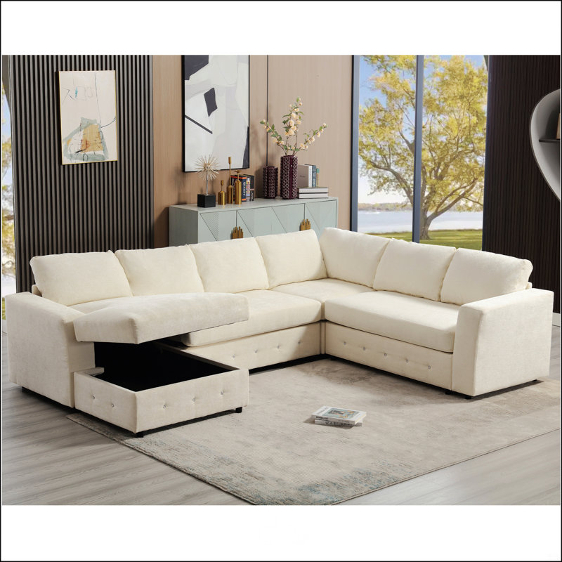 110.75" Sectional Sofa, Beige Chenille