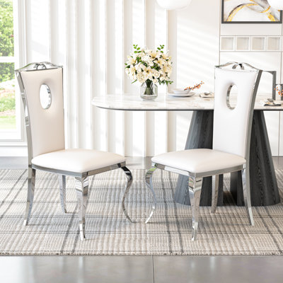 Montzerrat Upholstered Leather Dining Chair With Circular Hole Backrest And Carved Stainless Steel Legs, Armless Side Chair For Dining Room, Living Room, Or Bedroom 